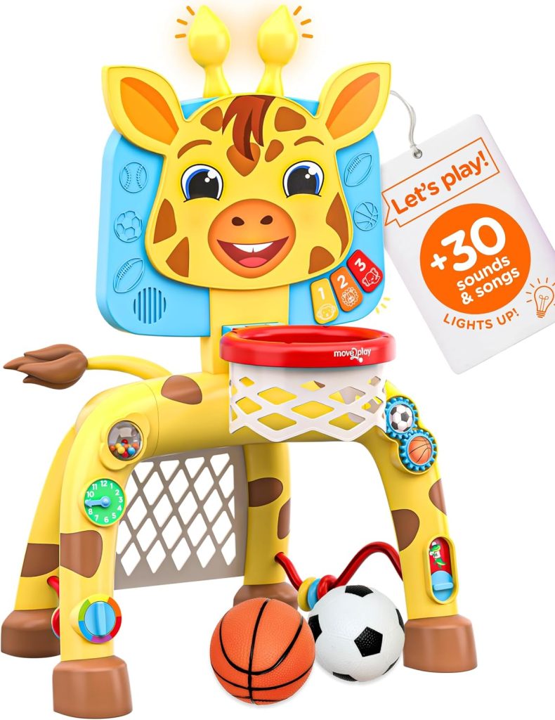 Move2Play, Giraffe Basketball Hoop & Soccer Goal Activity Center | 30+ Sounds & Songs + 5 Lights | 1 2 3 Year Old Birthday Gift for Boys and Girls | Toy for Baby & Toddlers (Yellow)