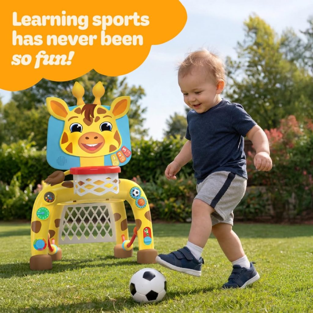 Move2Play, Giraffe Basketball Hoop & Soccer Goal Activity Center | 30+ Sounds & Songs + 5 Lights | 1 2 3 Year Old Birthday Gift for Boys and Girls | Toy for Baby & Toddlers (Yellow)