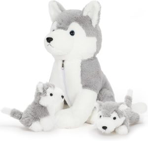 Muiteiur Husky Stuffed Animal 16″, Plush Dog Toys Set with 2 Puppies Inside