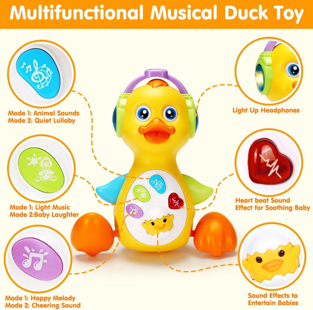 Musical Light Up Duck Toy, Dancing Crawling Moving Tummy Time Toys Duck