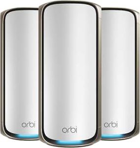 NETGEAR Orbi 970 Series Quad-Band WiFi 7 Mesh Network System (RBE973S), Router + 2 Satellite Extenders, Security Features, Up to 27Gbps, Covers Up to 10,000 sq. ft., 200 Devices, 10 Gig Internet Port