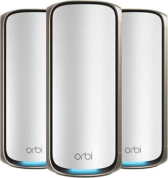 NETGEAR Orbi 970 Series Quad-Band WiFi 7 Mesh Network System (RBE973S), Router + 2 Satellite Extenders, Security Features, Up to 27Gbps, Covers Up to 10,000 sq. ft., 200 Devices, 10 Gig Internet Port