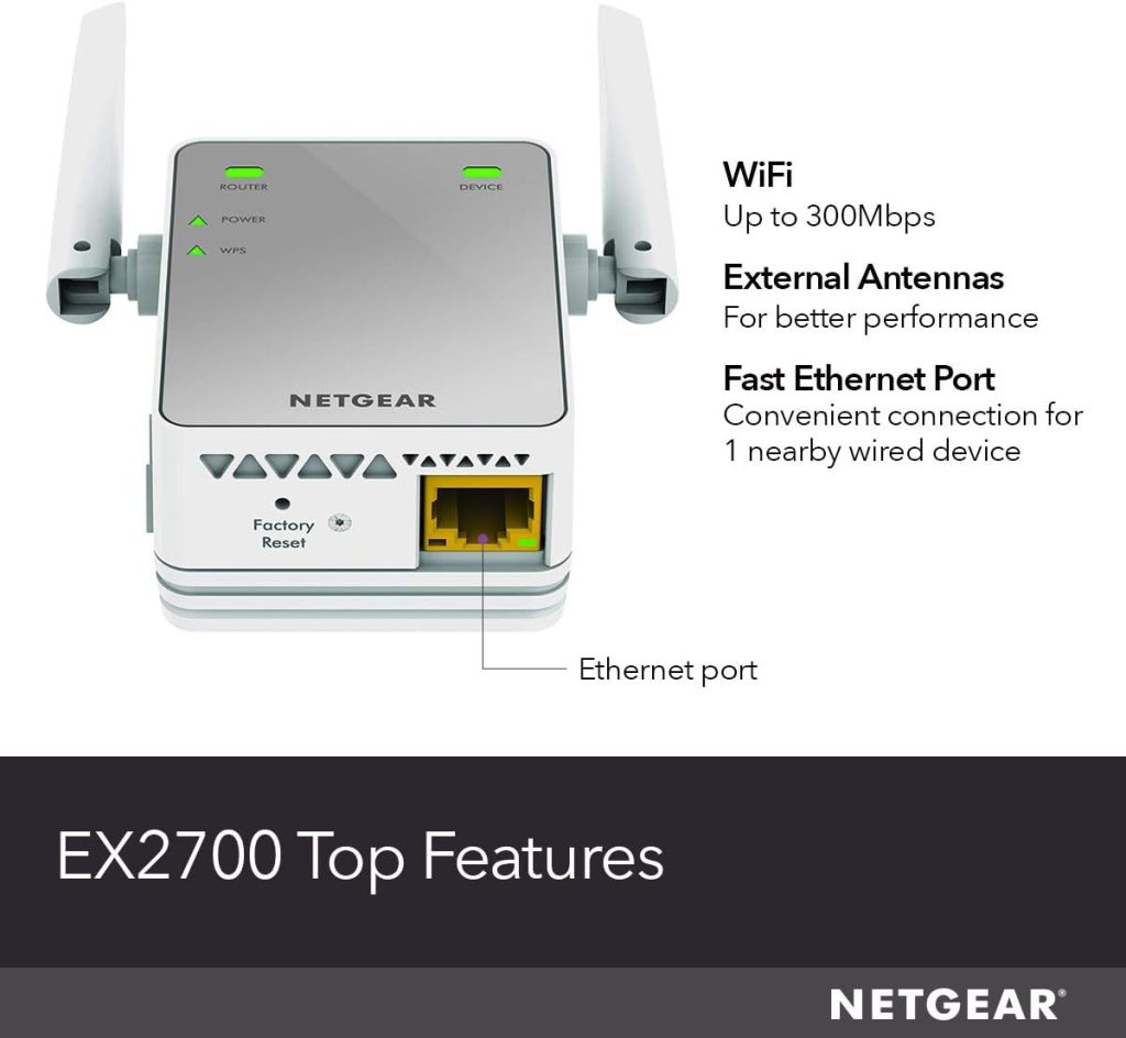 NETGEAR Wi-Fi Range Extender EX2700 – Coverage Up to 800 Sq Ft and 10 Devices with N300 Wireless Signal Booster & Repeater (Up to 300Mbps Speed), and Compact Wall Plug Design