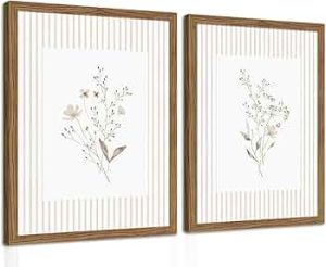 Neutral Wildflower Wall Art Set of 2, Vintage Flower Botanical Wall Decor Painting, Rustic Cottagecore Striped Floral Prints Pictures for Living Room Bedroom 12×16 Inch Framed