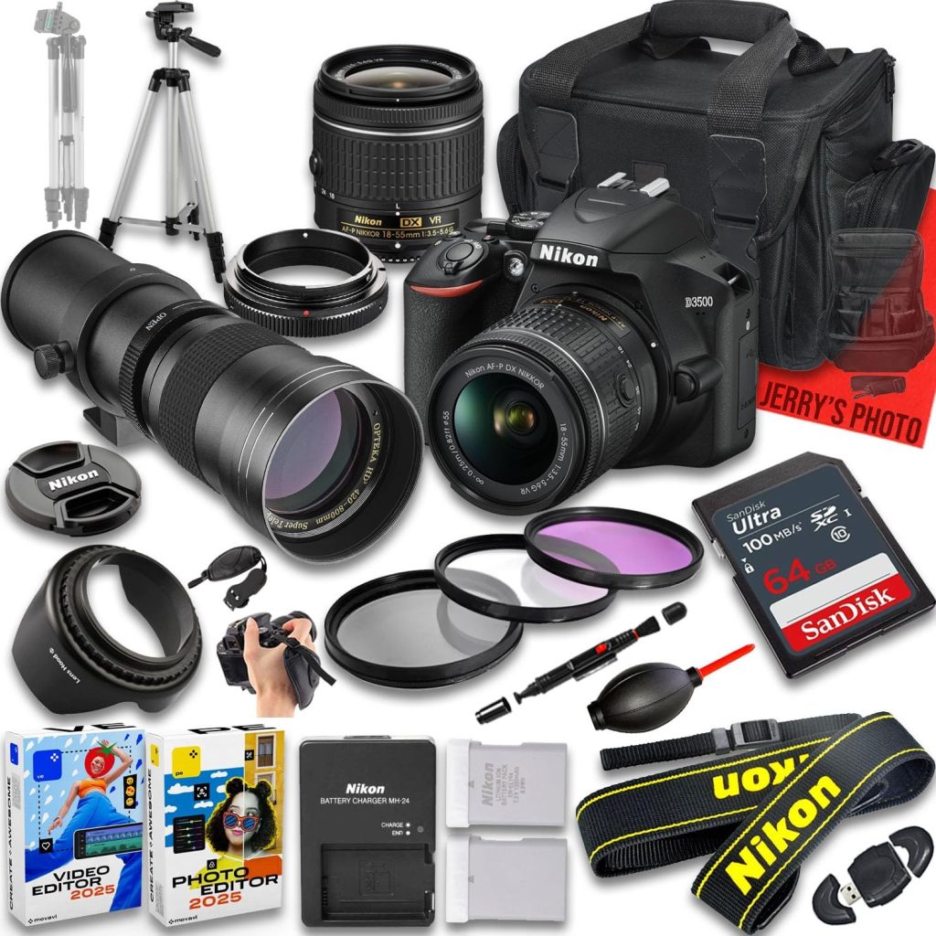 Nikon D3500 DSLR Camera with AF-P DX NIKKOR 18-55mm f/3.5-5.6G VR and 420-800mm f/8 Manual Super HD Telephoto Lens + 128 GB Memory + Extra Battery + More (22pc Bundle) (Renewed)