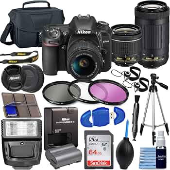 Nikon D7500 DX-Format Digital SLR w/AF-P NIKKOR 18-55mm f/3.5-5.6G VR Lens + -P 70-300mm f/4.5-6.3G ed + 64GB Memory Card, TriPod, Flash, 3pc Filter Kit, Case, More, Black