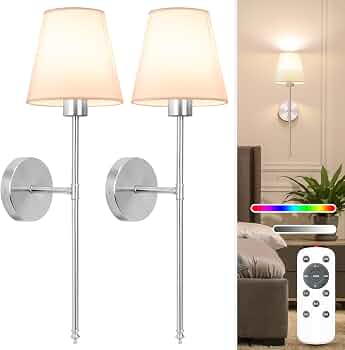 NIORSUN Battery Operated Wall Sconce Set of 2,Brushed Nickel Rechargeable Wall Lights with 10400mAh Dimmable Detachable Bulbs and Remote, 10 Colors Wireless Sconces for Bedroom Living Room Hallway