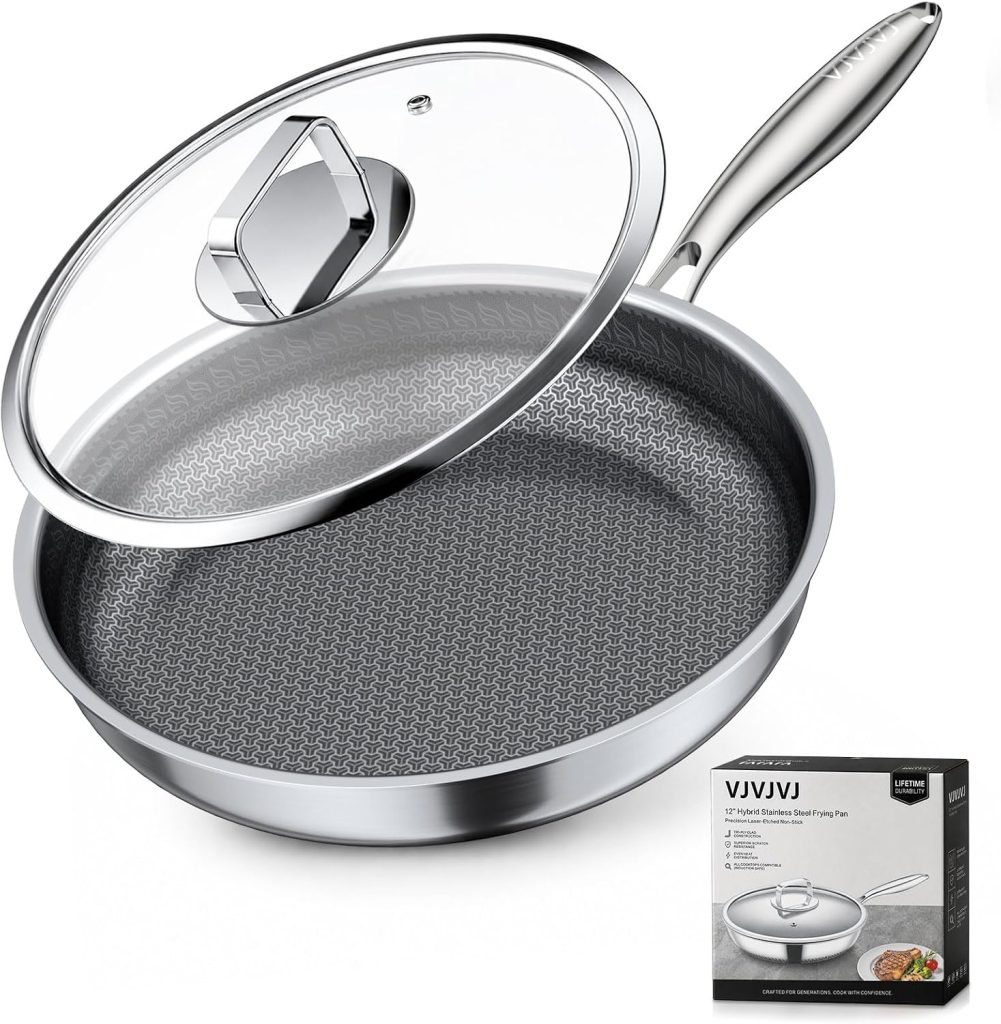 Non Stick Frying Pan with Glass Lid, 12 Inch Stainless Steel Hybrid Skillet