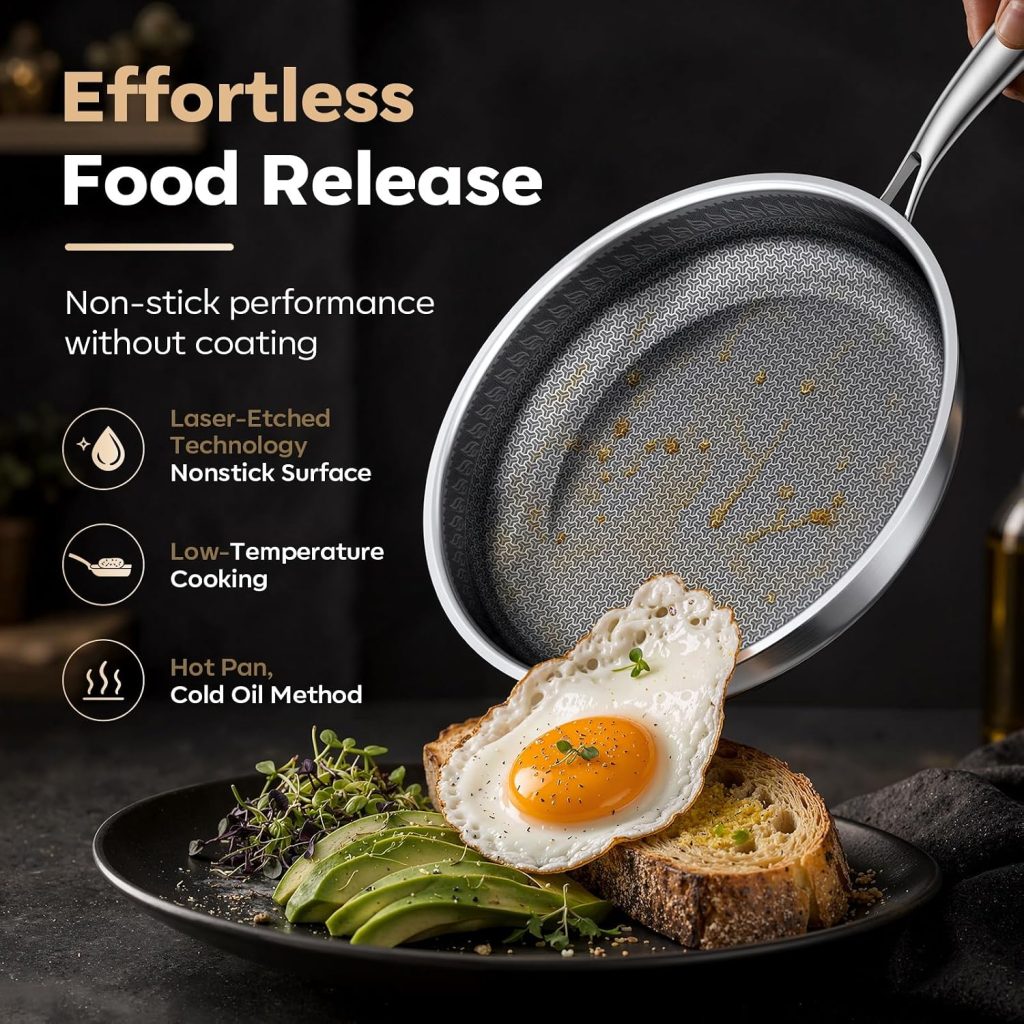 Non Stick Frying Pan with Glass Lid, 12 Inch Stainless Steel Hybrid Skillet