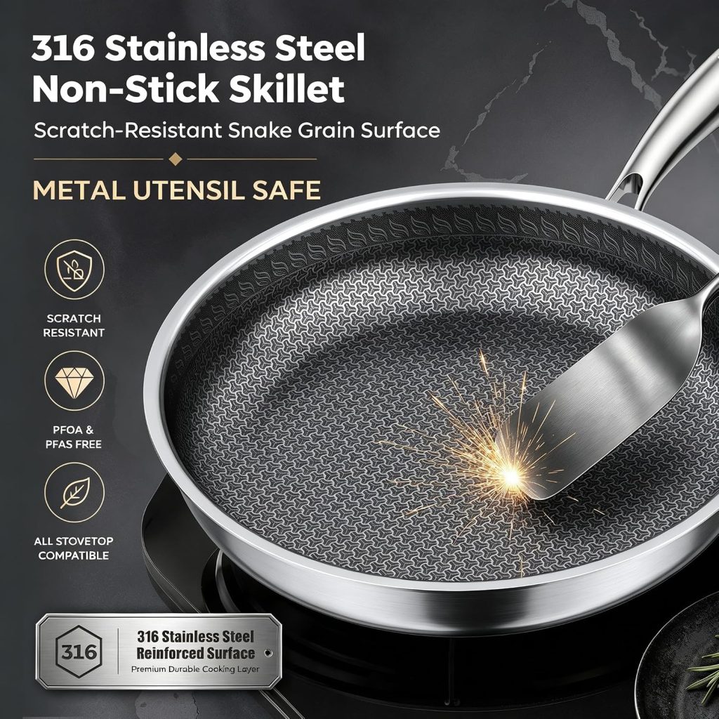 Non Stick Frying Pan with Glass Lid, 12 Inch Stainless Steel Hybrid Skillet