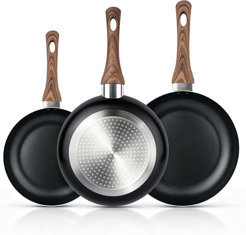 Non Stick Frying Pans – 3 PCS 8″+10″+12″ Skillet Set, Cookware Set with Heat Resistant Ergonomic Handle, Induction Compatible, Easy to Clean, PFOA and PFOS Free