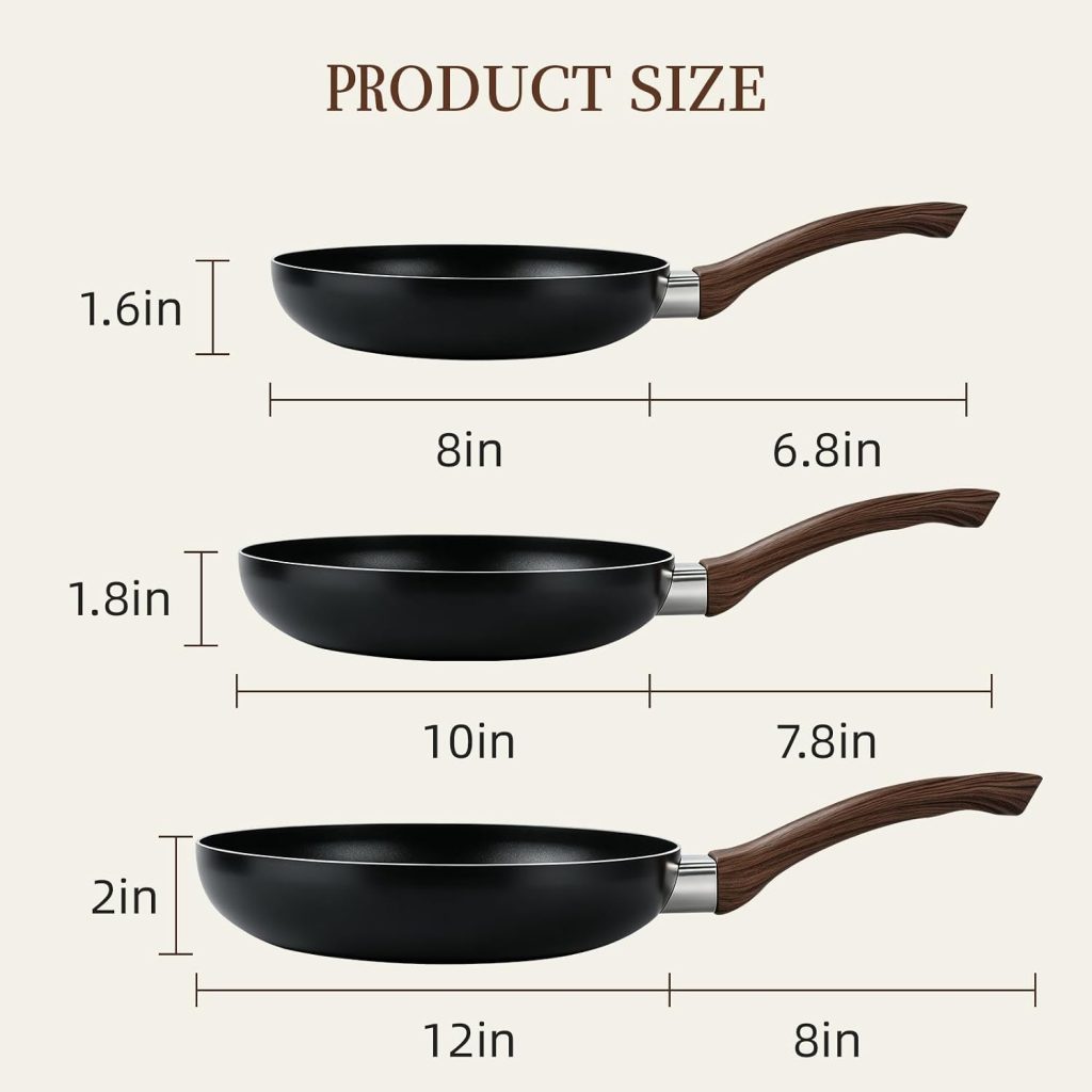Non Stick Frying Pans – 3 PCS 8″+10″+12″ Skillet Set, Cookware Set with Heat Resistant Ergonomic Handle, Induction Compatible, Easy to Clean, PFOA and PFOS Free