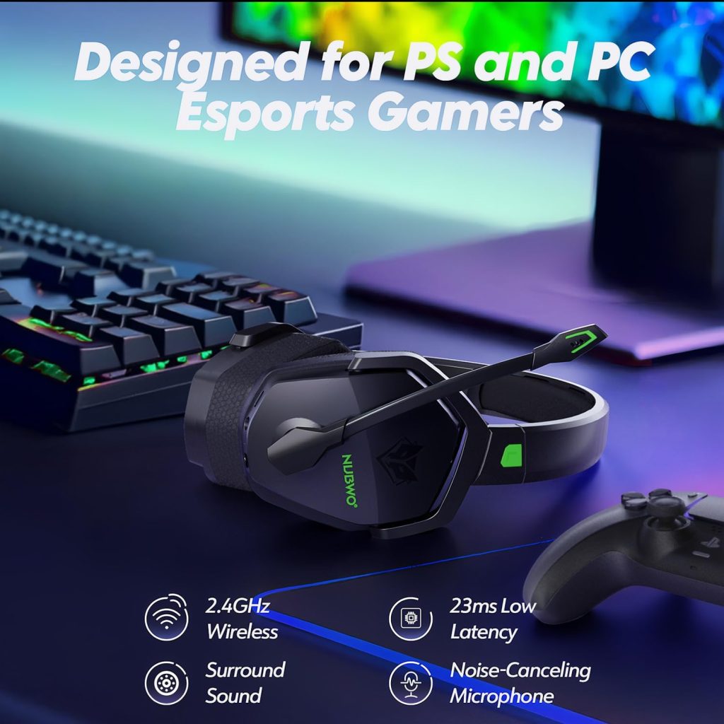 NUBWO G06 Dual Wireless Gaming Headset with Microphone for PS5, PS4, PC – 23ms Low Latency Audio – 100-Hour of Playtime – 50mm Drivers (Black-Green)