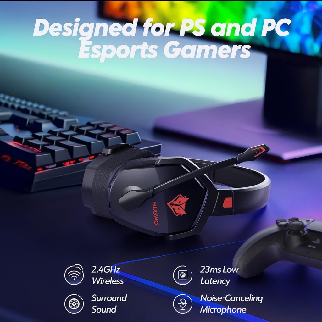 NUBWO Wireless Gaming Headset with Mic for Ps5 Ps4 PC, Zero Interference, 100-Hour Battery All-Day Play, 23ms Sync for Fortnite & Call of Duty/FPS Gamers, Triple Mode All Devices Compatible – Red