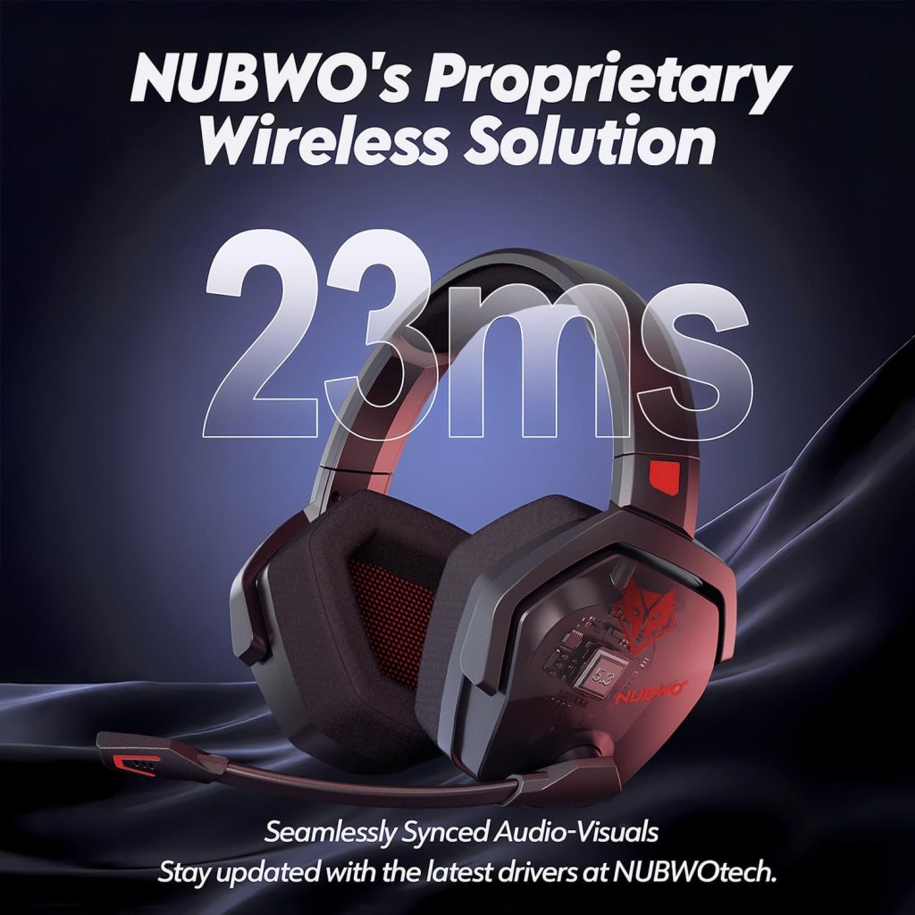 NUBWO Wireless Gaming Headset with Mic for Ps5 Ps4 PC, Zero Interference, 100-Hour Battery All-Day Play, 23ms Sync for Fortnite & Call of Duty/FPS Gamers, Triple Mode All Devices Compatible – Red