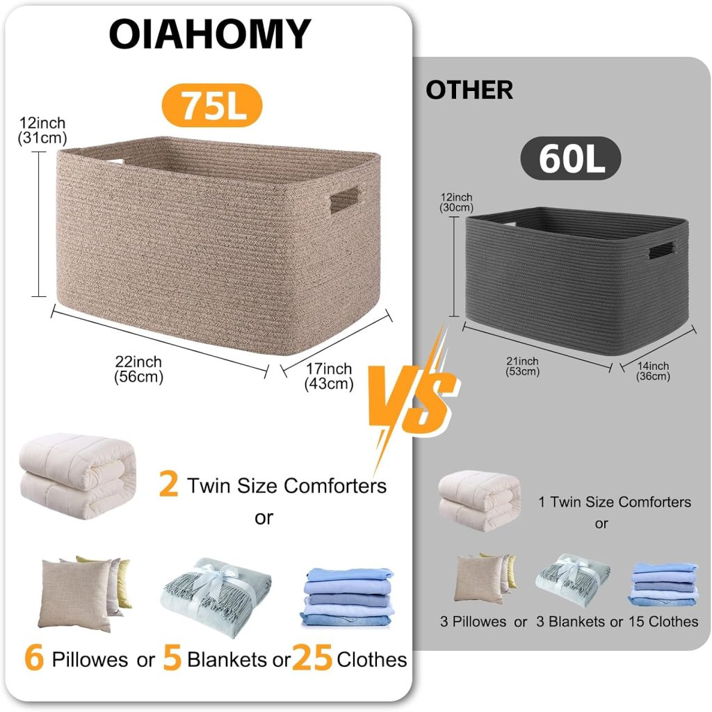 OIAHOMY 75L Large Blanket Basket Woven Cotton Rope Storage Basket Brown