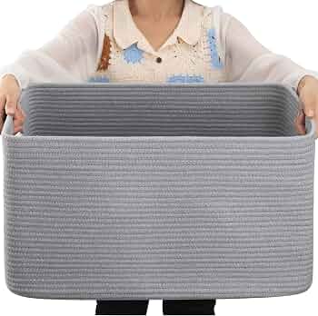 OIAHOMY 75L Large Blanket Basket Woven Storage Basket with Handle Grey