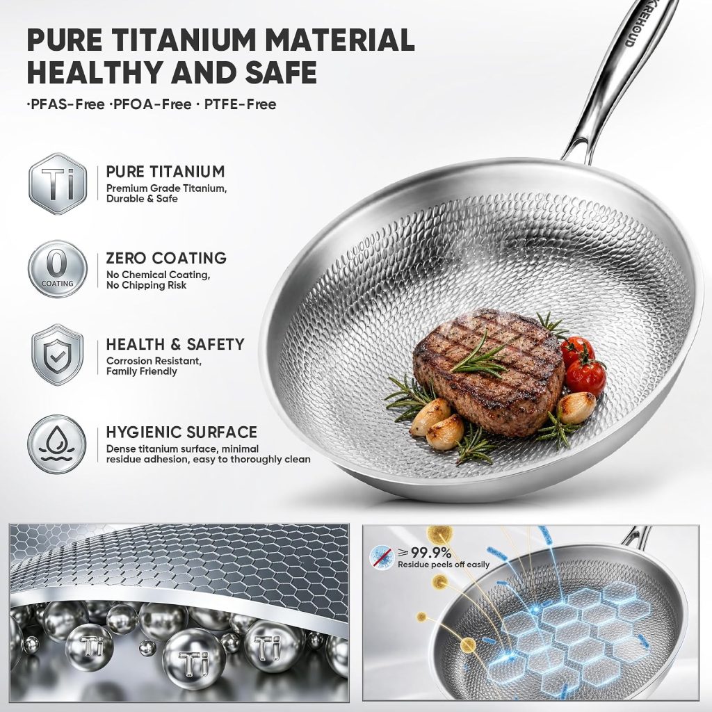 Okura Titanium Pans for Cooking, Titanium Cookware, 12″ Frying Pan Hammered Design with Lid, Dishwasher&Oven Safe, Non-Toxic Pro Pan PFAS/PFOA/PTFE Free, Induction Compatible