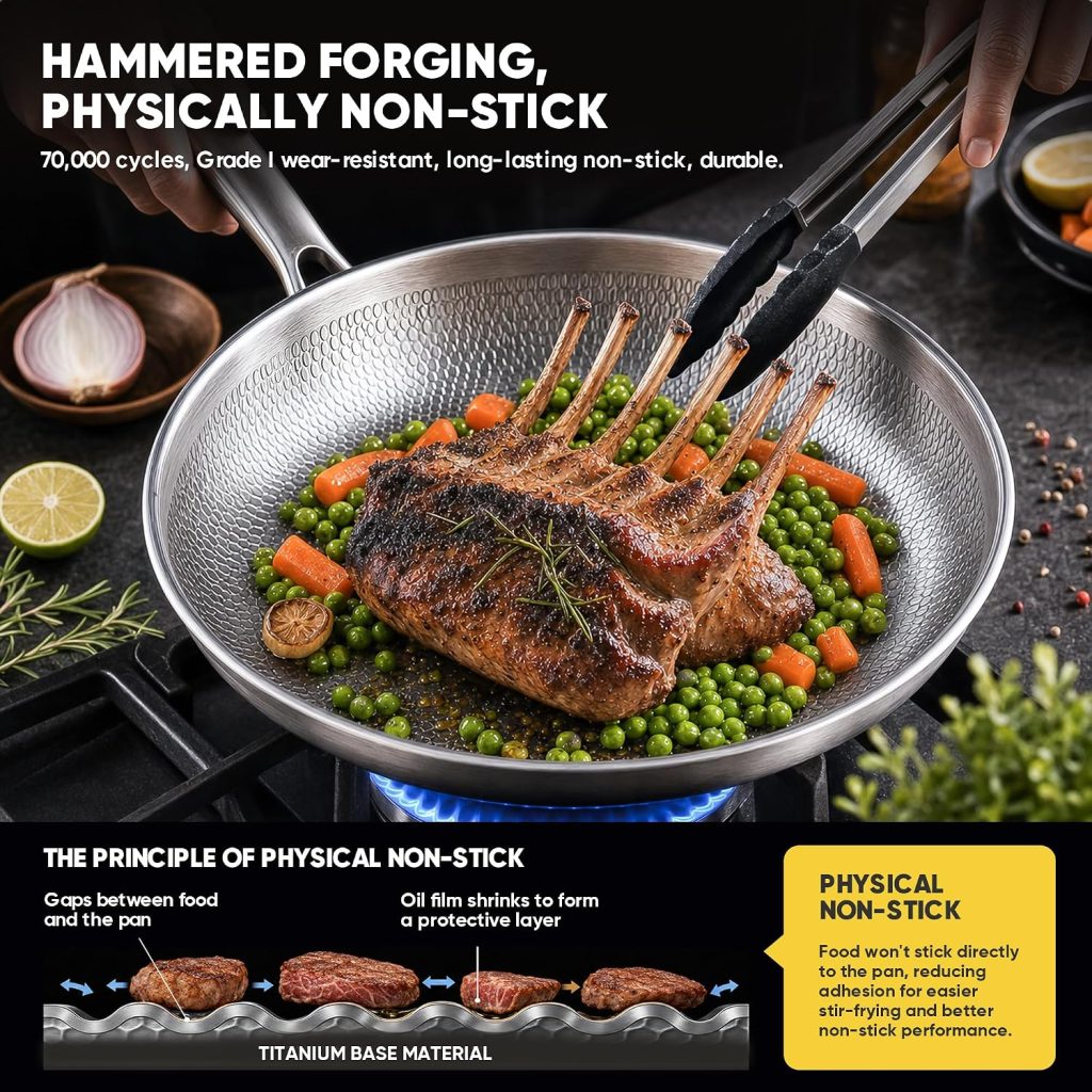 Okura Titanium Pans for Cooking, Titanium Cookware, 12″ Frying Pan Hammered Design with Lid, Dishwasher&Oven Safe, Non-Toxic Pro Pan PFAS/PFOA/PTFE Free, Induction Compatible