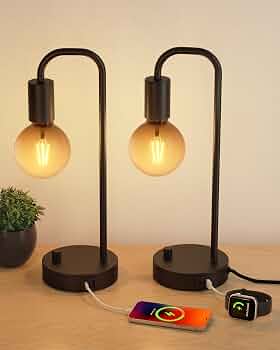 ONEWISH Industrial Table Lamp Set of 2 with USB C&A Charging Port, Stepless Dimmable Nightstand Bedside Lamps for Bedroom,Desk Lamps with 2700K Black Gradient Bulb for Reading Living Room,Office