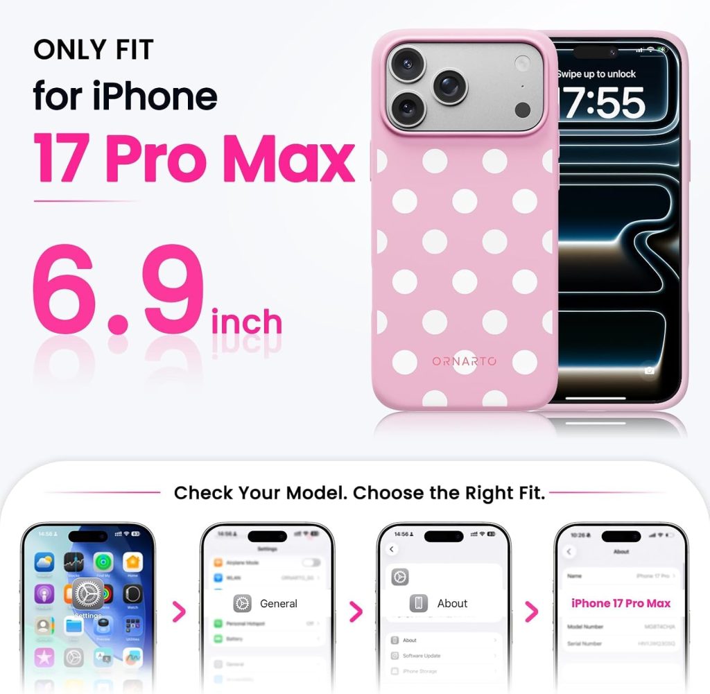 ORNARTO for iPhone 17 Pro Max Case, Liquid Silicone, Ballet Blush Polka Dot