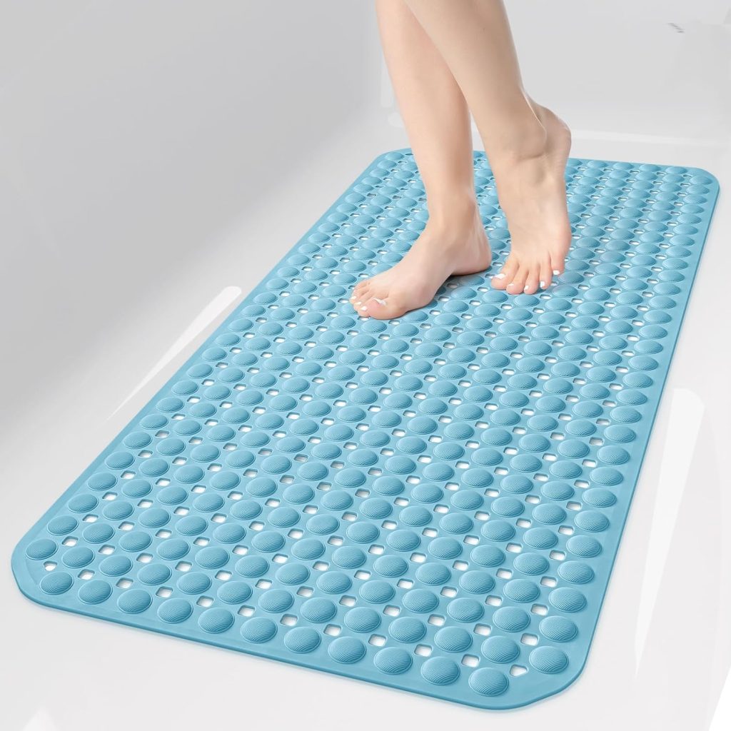 OTHWAY Bath Tub Shower Mat Non Slip, Bathtub Floor Liner Mats for Inside Shower Bathroom, Suction Cups and Drain Holes for Feet Scrubbing, Machine Washable, Soft on Feet, 35×16 Inch, Blue