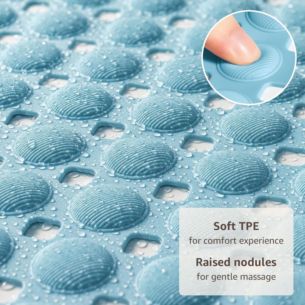 OTHWAY Bath Tub Shower Mat Non Slip, Bathtub Floor Liner Mats for Inside Shower Bathroom, Suction Cups and Drain Holes for Feet Scrubbing, Machine Washable, Soft on Feet, 35×16 Inch, Blue