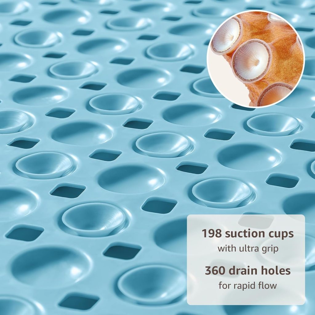 OTHWAY Bath Tub Shower Mat Non Slip, Bathtub Floor Liner Mats for Inside Shower Bathroom, Suction Cups and Drain Holes for Feet Scrubbing, Machine Washable, Soft on Feet, 35×16 Inch, Blue