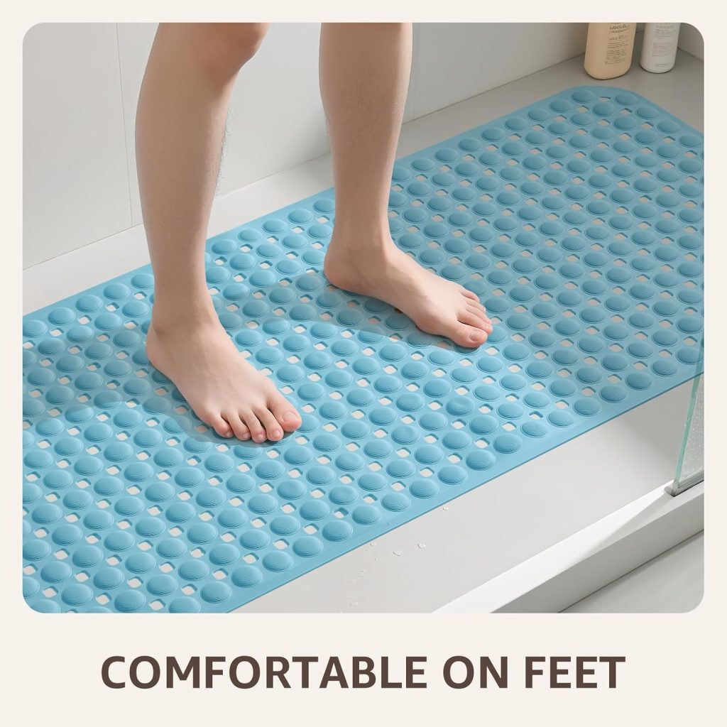 OTHWAY Bath Tub Shower Mat Non Slip, Bathtub Floor Liner Mats for Inside Shower Bathroom, Suction Cups and Drain Holes for Feet Scrubbing, Machine Washable, Soft on Feet, 35×16 Inch, Blue