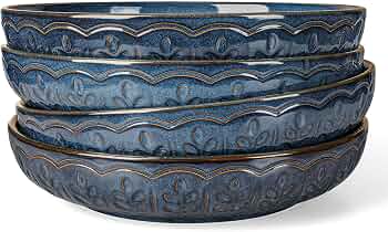 Pasta Bowls, 50oz Large Salad Serving Bowls, 9.75” Plates Bowls Set of 4, Big Ceramic Soup Bowls for Kitchen, Embossment Shallow Dinner Bowl, Microwave Dishwasher Safe, Wheat Leaf, Blue
