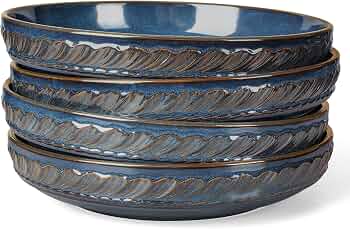Pasta Bowls, 50oz Large Salad Serving Bowls, 9.75” Plates Bowls Set of 4, Big Ceramic Soup Bowls for Kitchen, Embossment Shallow Dinner Bowl, Microwave Dishwasher Safe, Willow Leaf, Blue