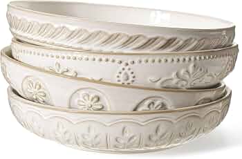 Pasta Bowls, 50oz Large Salad Serving Bowls, 9.75” Plates Bowls Set of 4, Big White Ceramic Soup Bowls for Kitchen, Embossment Shallow Dinner Bowl, Microwave Dishwasher Safe, Multiple Patterns