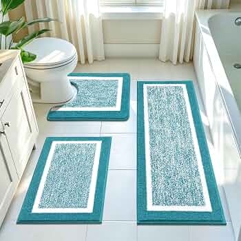 Pauwer Bathroom Rugs 3 Piece Set, Non Slip Washable Bath Mat, Aqua Blue
