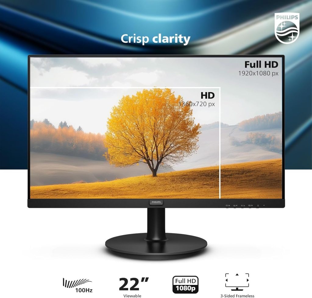 Philips 22 Inch Computer Monitor FHD 100Hz VA VESA Flicker-Free, 221V8LB