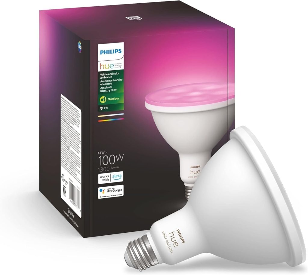 Philips Hue Smart 100W PAR38 LED Bulb – White and Color Ambiance Color-Changing Light – 1 Pack – 1300LM – E26 – Outdoor – Control with Hue App – Works with Alexa, Google Assistant and Apple Homekit