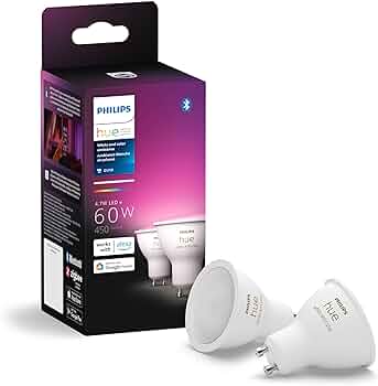 Philips Hue Smart 60W GU10 LED Bulb – White and Color Ambiance Color-Changing Light – 2 Pack – 450LM – Indoor – Control with Hue App – Works with Alexa, Google Assistant and Apple Homekit, 584680