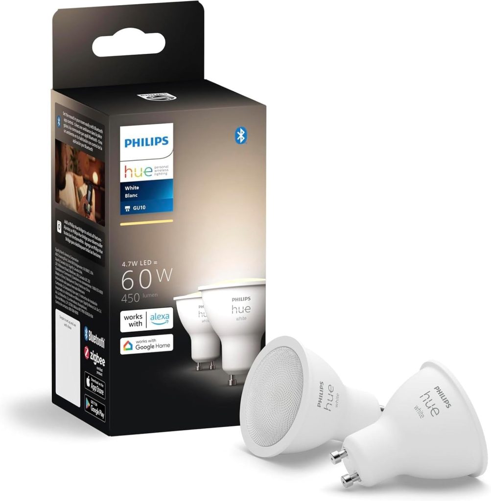 PHILIPS Hue Smart 60W GU10 LED Bulb, White Light, 2 Pack, 450LM, Indoor Light Bulbs, Control with Hue App, Compatible with Alexa, Google Assistant and Apple HomeKit