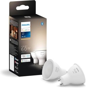 PHILIPS Hue Smart 60W GU10 LED Bulb, White Light, 2 Pack, 450LM, Indoor Light Bulbs, Control with Hue App, Compatible with Alexa, Google Assistant and Apple HomeKit