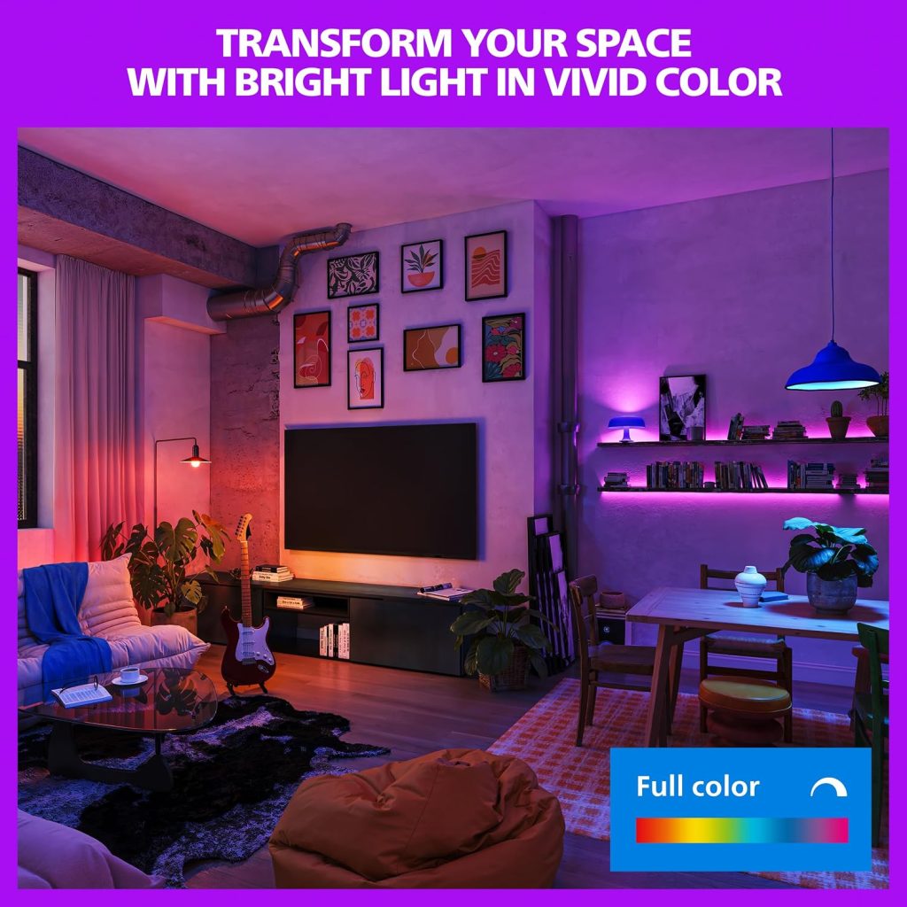 PHILIPS Smart LED Full Color Light Bulb 4-Pack, A19 60W 800LM E26 Indoor, Sunset to Sunrise Automation + Motion Detection + Control with Voice or App, Matter Compatible