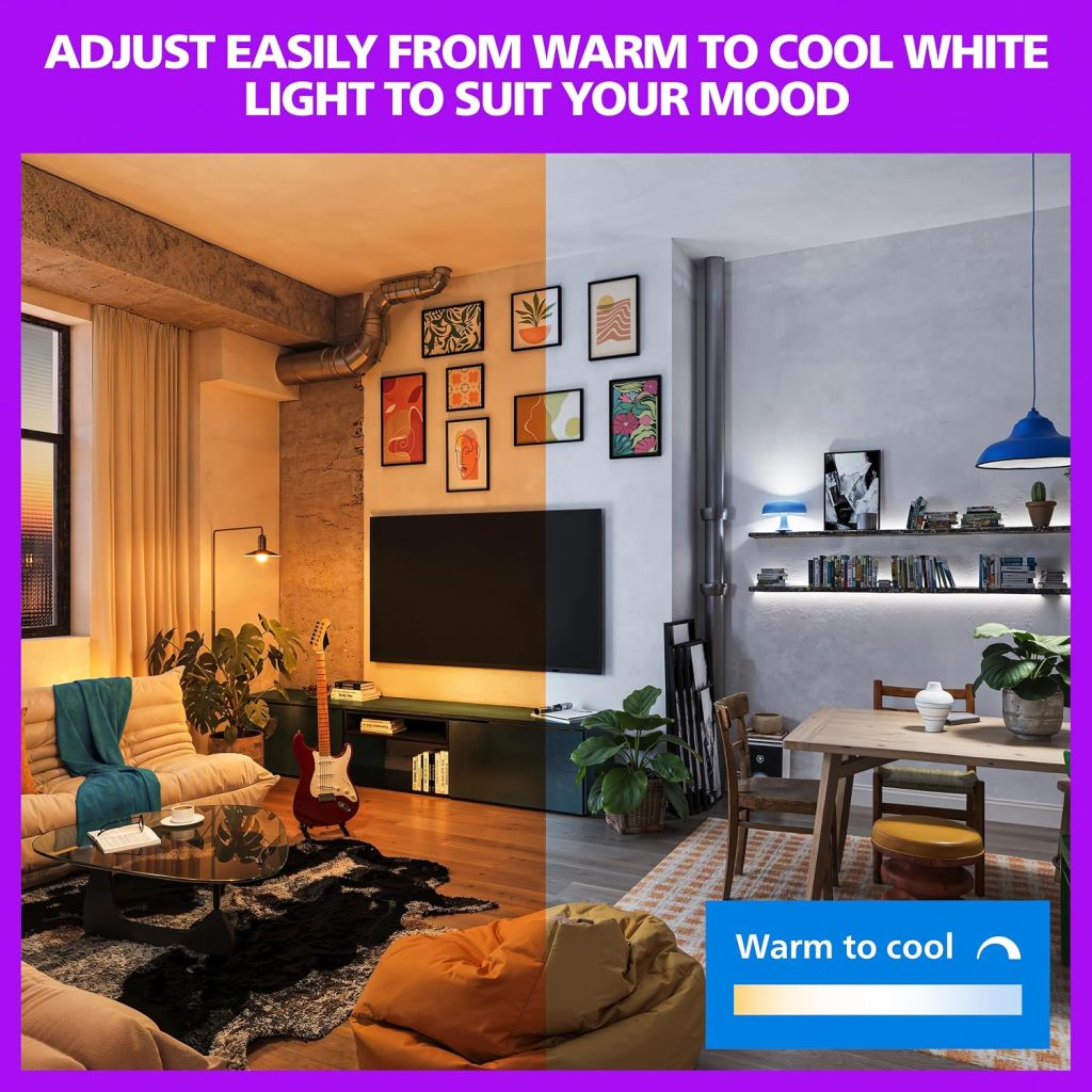 PHILIPS Smart LED Full Color Light Bulb 4-Pack, A19 60W 800LM E26 Indoor, Sunset to Sunrise Automation + Motion Detection + Control with Voice or App, Matter Compatible