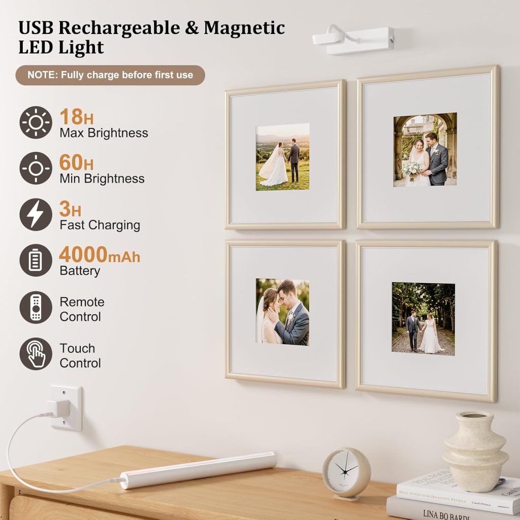 Picture Light for Wall, 4000mAh, White, 13.8 Inch, 2 Pack