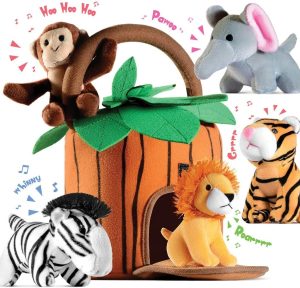 Play22 6-Piece Talking Stuffed Animals Set – Jungle Plush Toys with Carrier