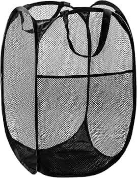 Pop Up Laundry Hamper, 70L Collapsible Mesh Basket with Side Pocket, Black