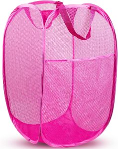 Pop Up Laundry Hamper, 70 L Collapsible Mesh Basket with Side Pocket, Pink