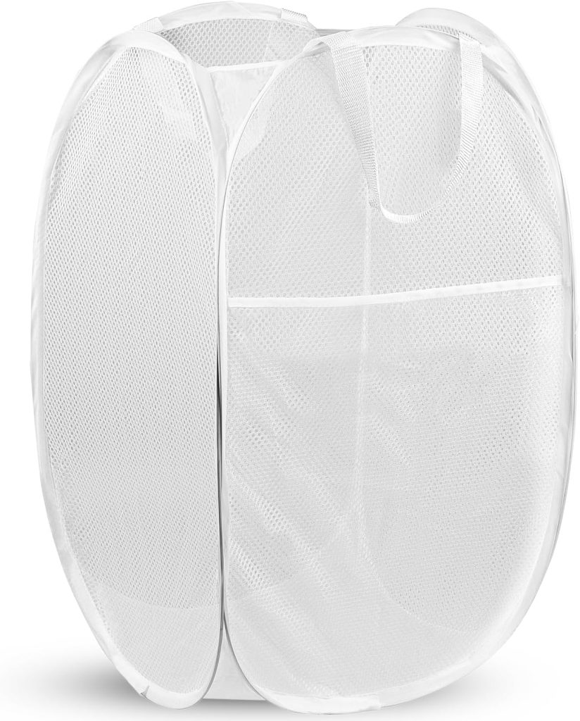 Pop Up Laundry Hamper, 70 L Collapsible Mesh Basket with Side Pocket, White