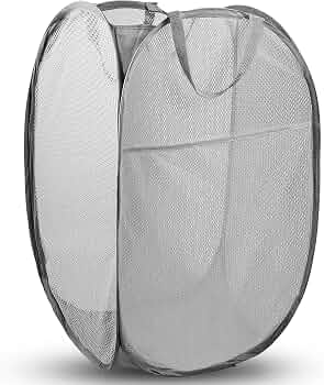 Pop Up Laundry Hamper, 70 L Collapsible Mesh Basket with Side Pocket, Gray