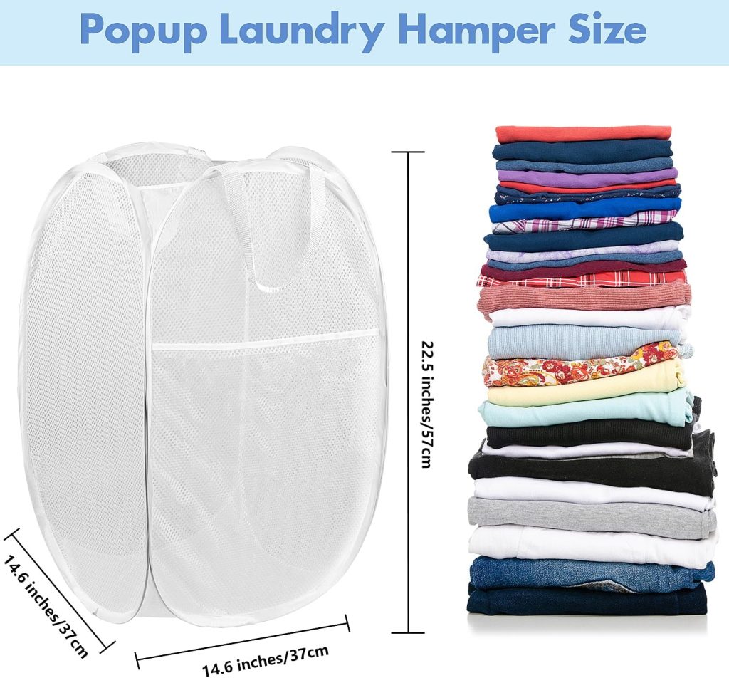 Pop Up Laundry Hamper, 70 L Collapsible Mesh Basket with Side Pocket, White
