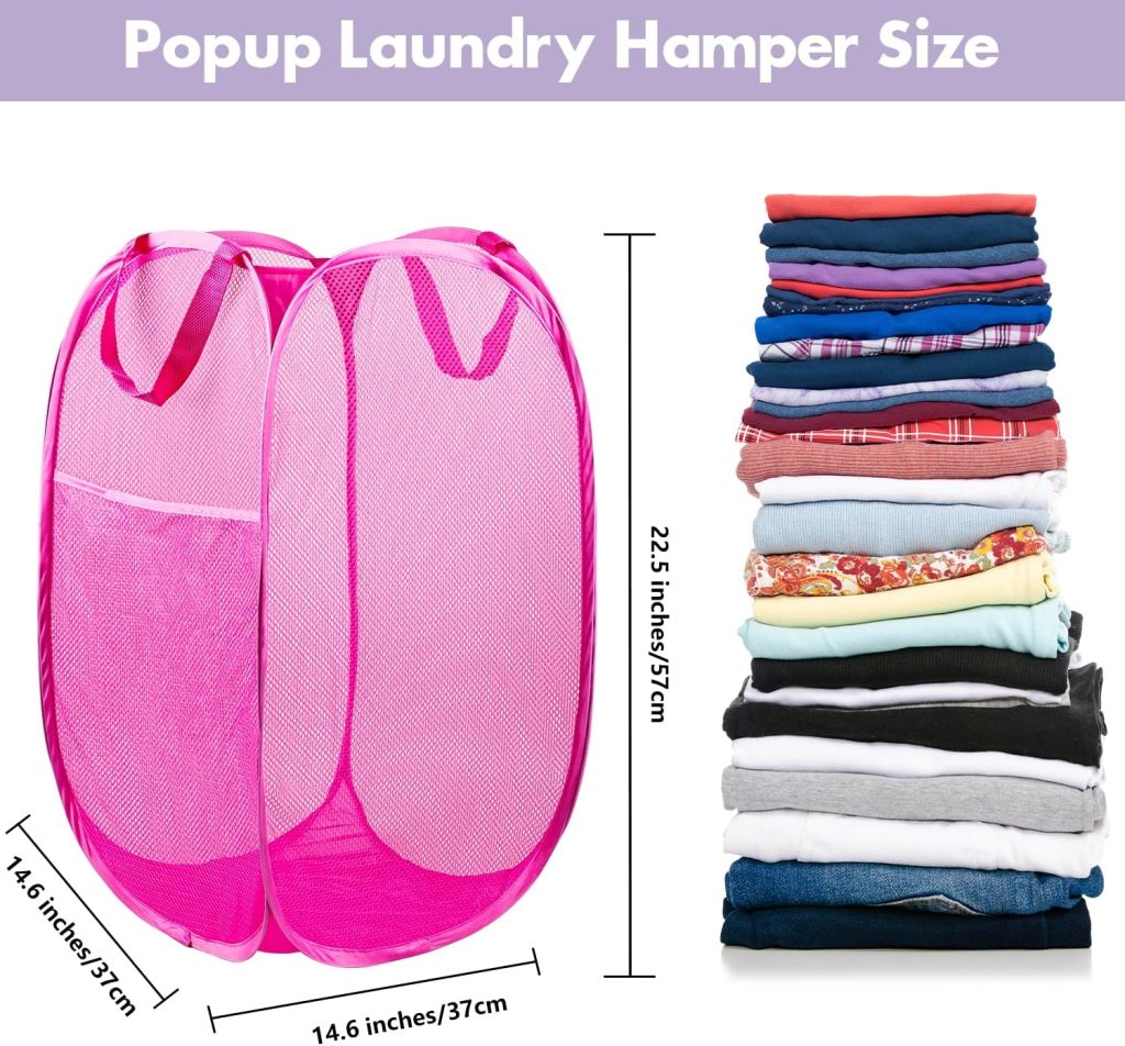 Pop Up Laundry Hamper, 70 L Collapsible Mesh Basket with Side Pocket, Pink