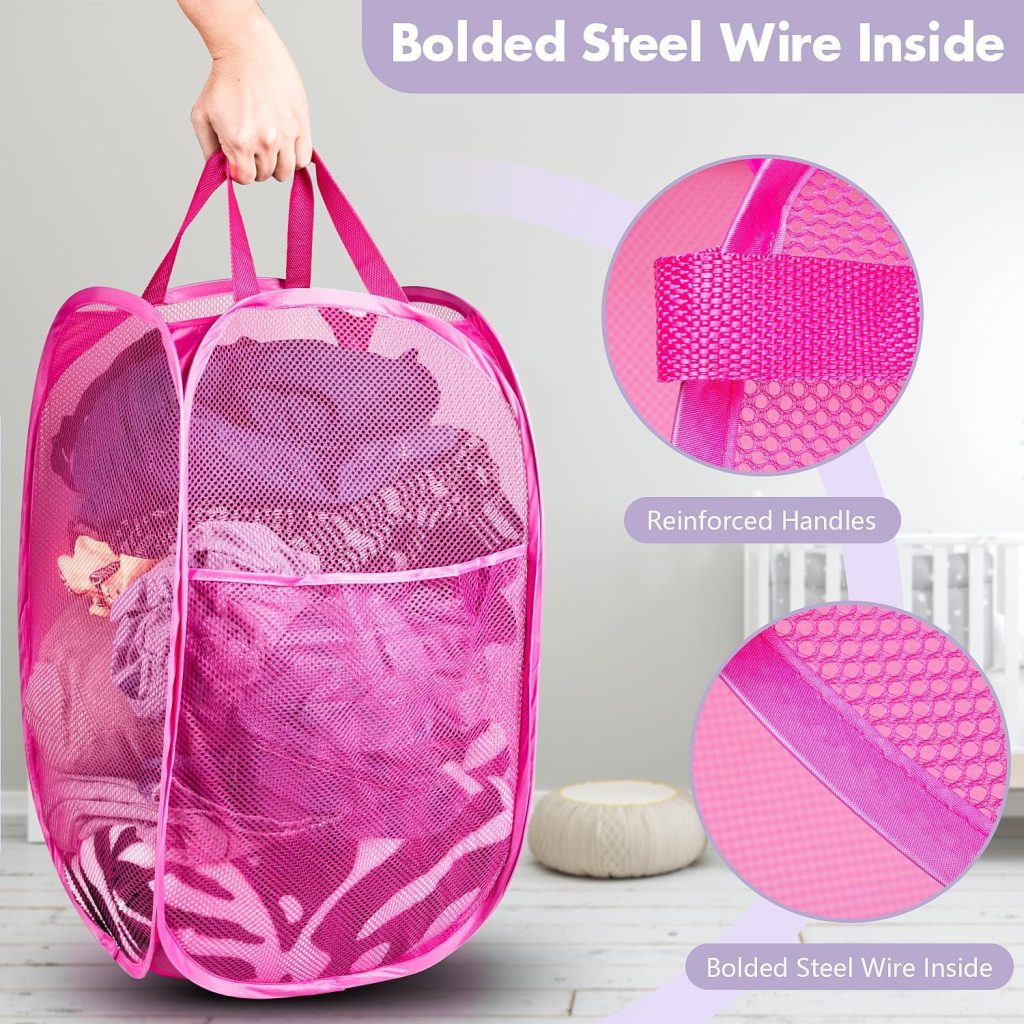 Pop Up Laundry Hamper, 70 L Collapsible Mesh Basket with Side Pocket, Pink