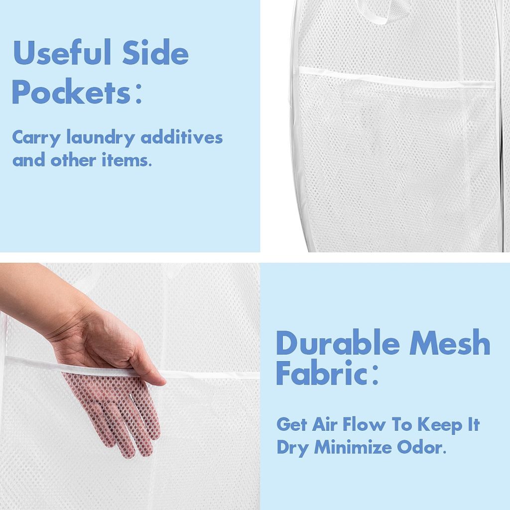 Pop Up Laundry Hamper, 70 L Collapsible Mesh Basket with Side Pocket, White